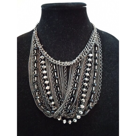DaVinci Designer Black Aurora Borealis Glass Multi Chain Bib Necklace - Picture 1 of 10